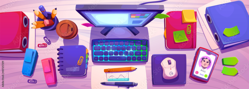 Top view of office workplace. Vector cartoon illustration of desktop computer, smartphone, sticky no