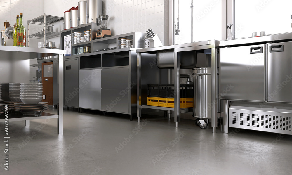 New, clean gray concrete resin vinyl floor in commercial, professional bakery restaurant kitchen, st