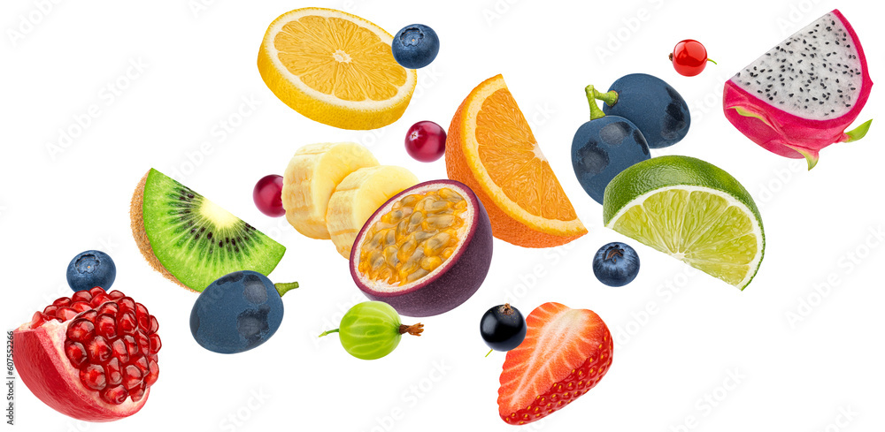 Fruit salad ingredients isolated on white background