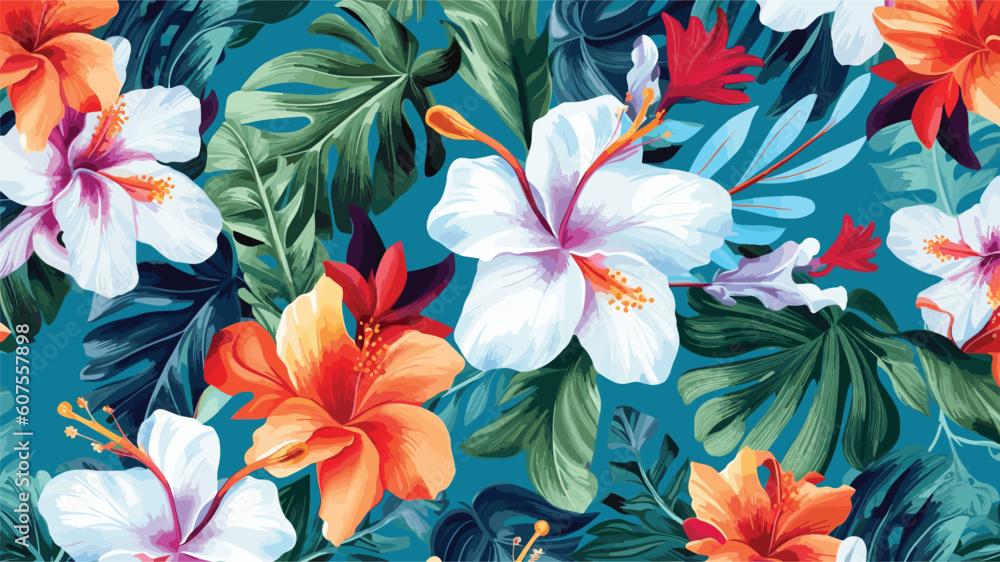 Abstract illustration seamless colorful tropical flowers pattern 