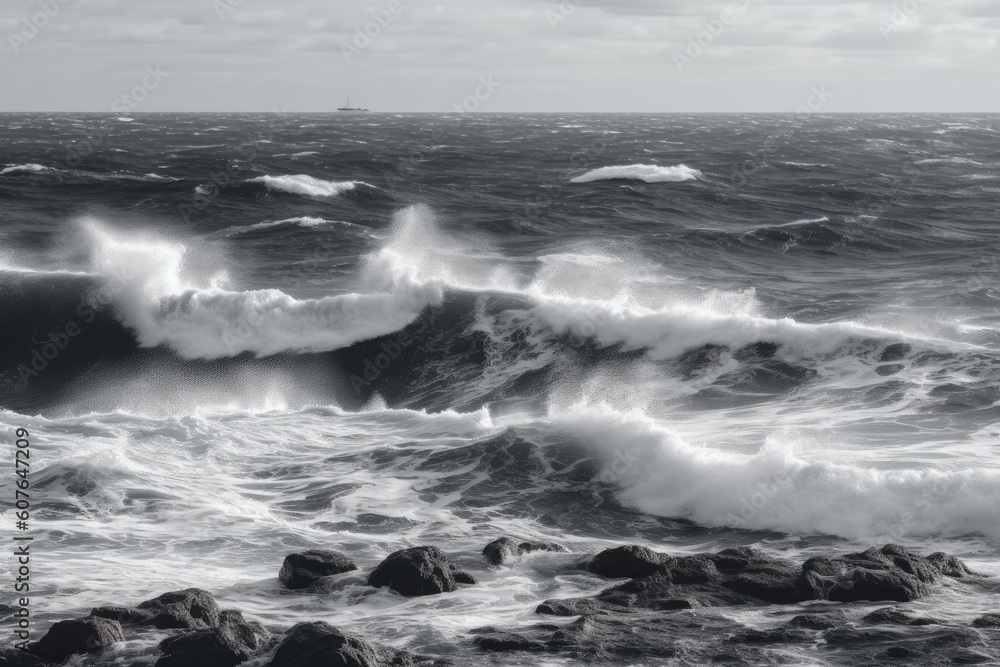 waves crashing on rocky shore in black and white Generative AI