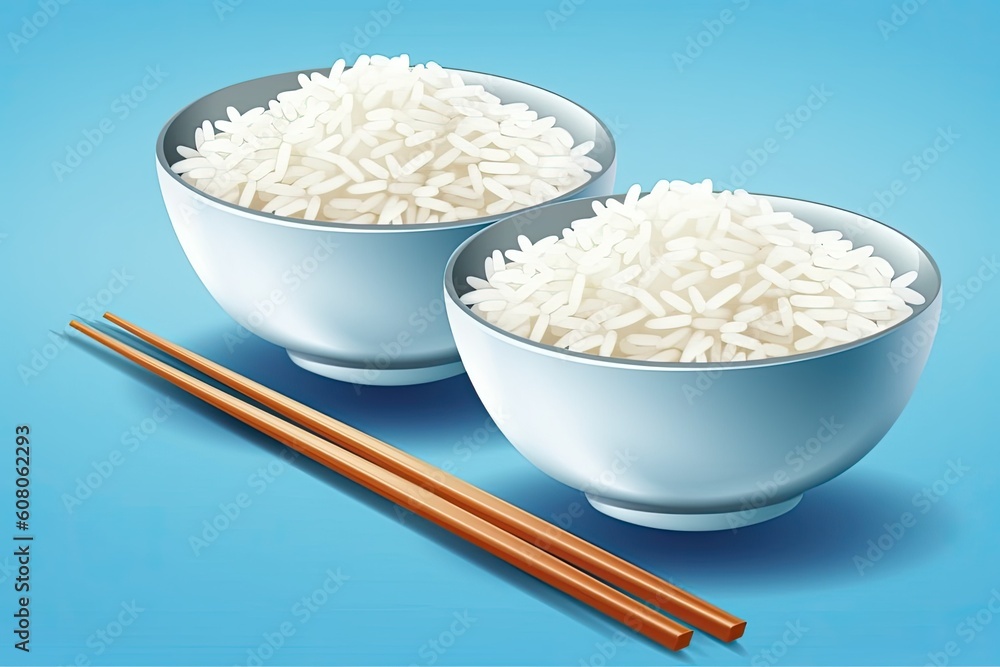 two bowls of steaming rice with chopsticks on a vibrant blue background Generative AI
