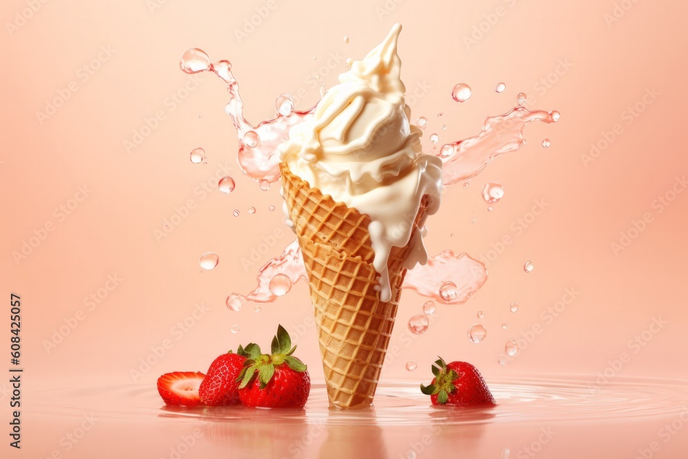 Strawberry ice cream. Illustration AI Generative