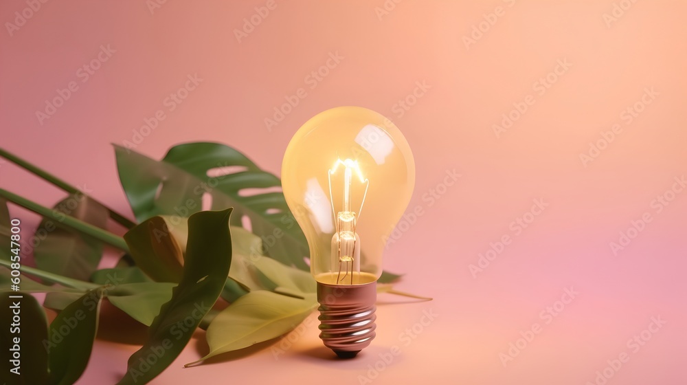 Green energy concept, light bulb with leaves, set against modern pink and violet hues. This image sp