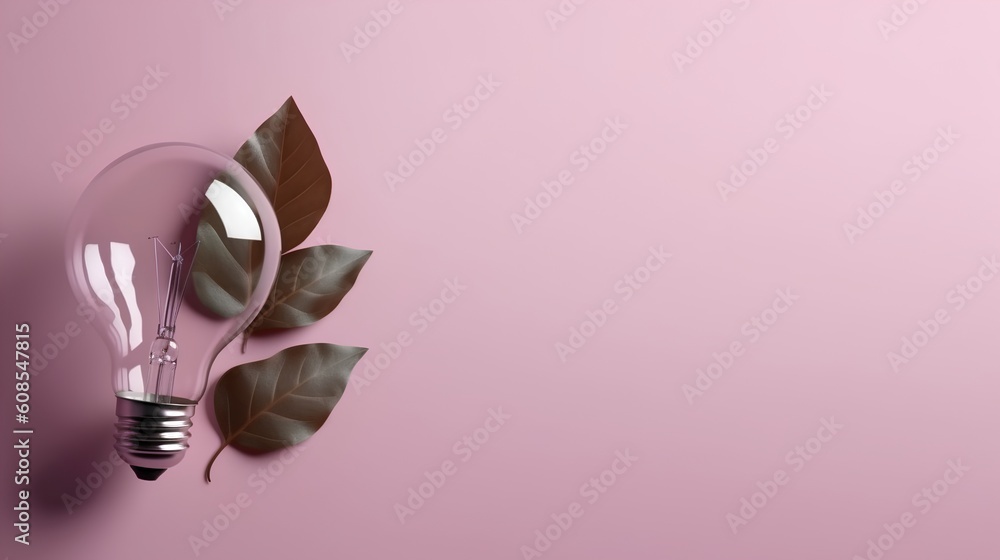 Green energy concept, light bulb with leaves, set against modern pink and violet hues. This image sp