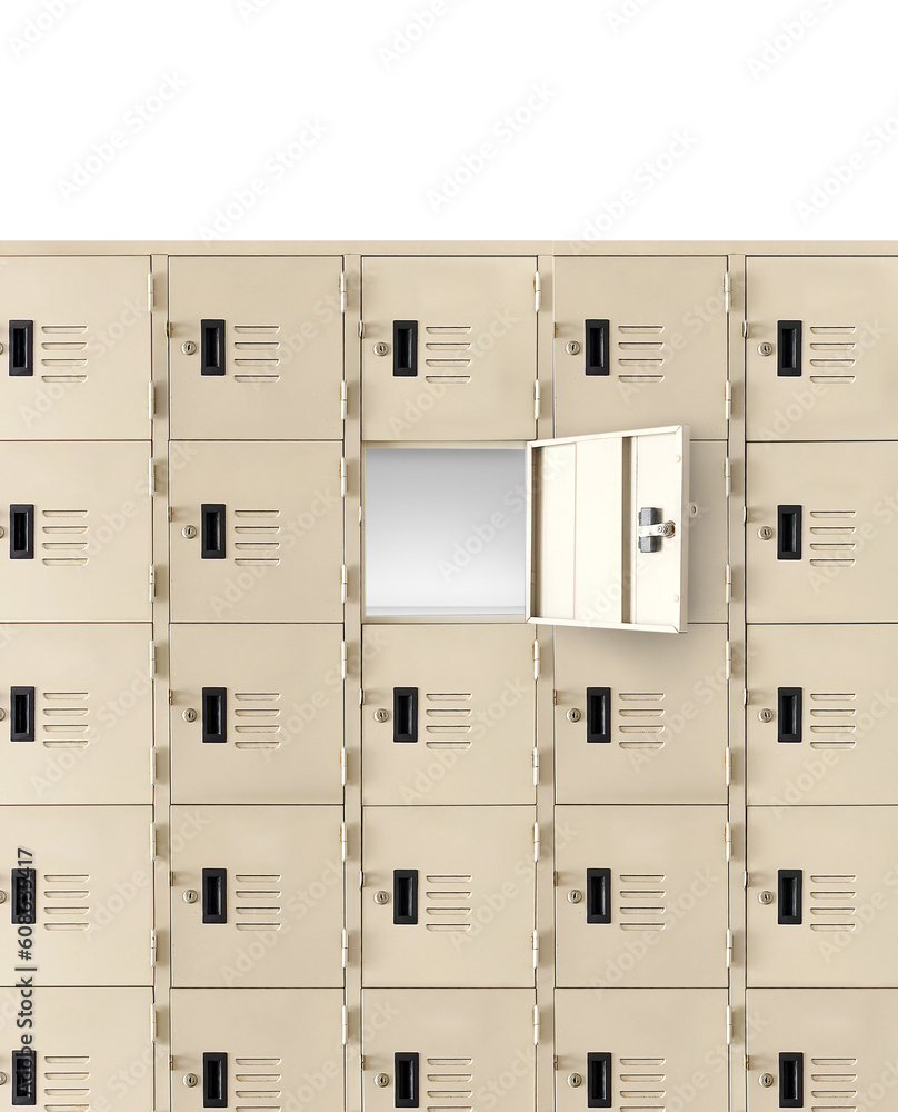 Deposit  locker boxes or gym lockers inside of a room with one central opened door