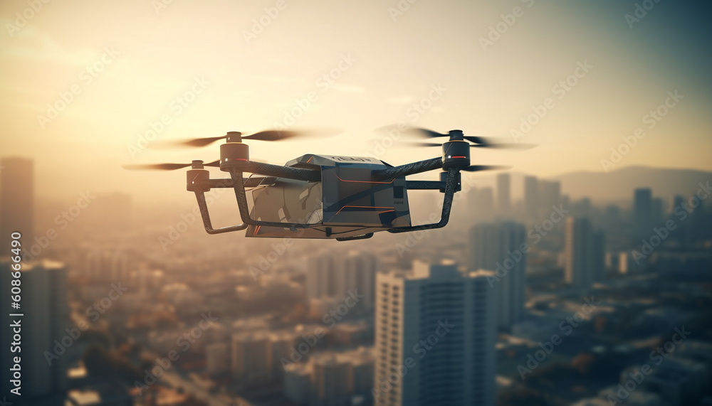 A hovering drone captures a cityscape at sunset for surveillance generated by AI