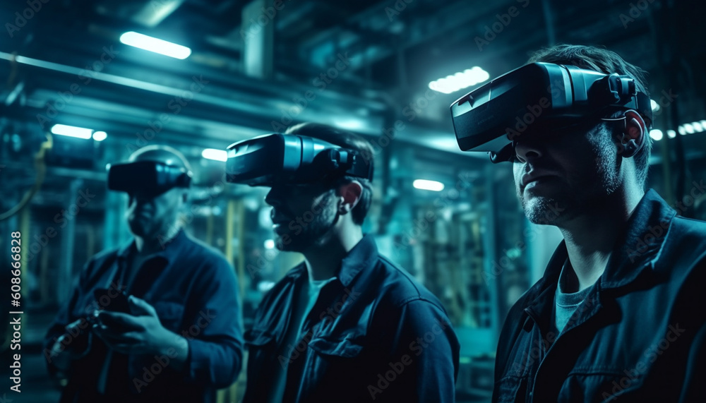 Men wearing protective eyewear and headsets play futuristic video games generated by AI