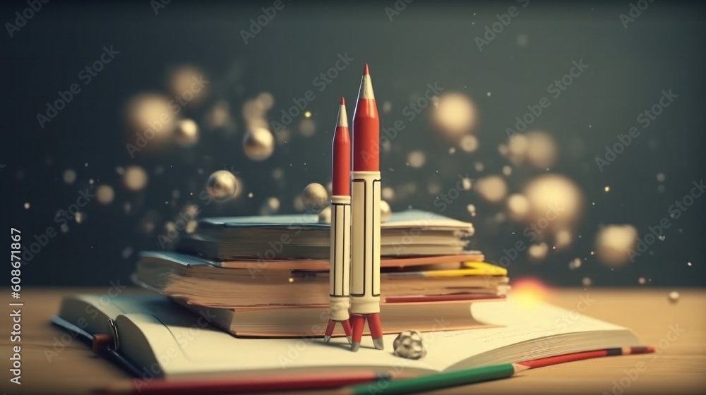 Books and rocket. Education concept. Illustration AI Generative.