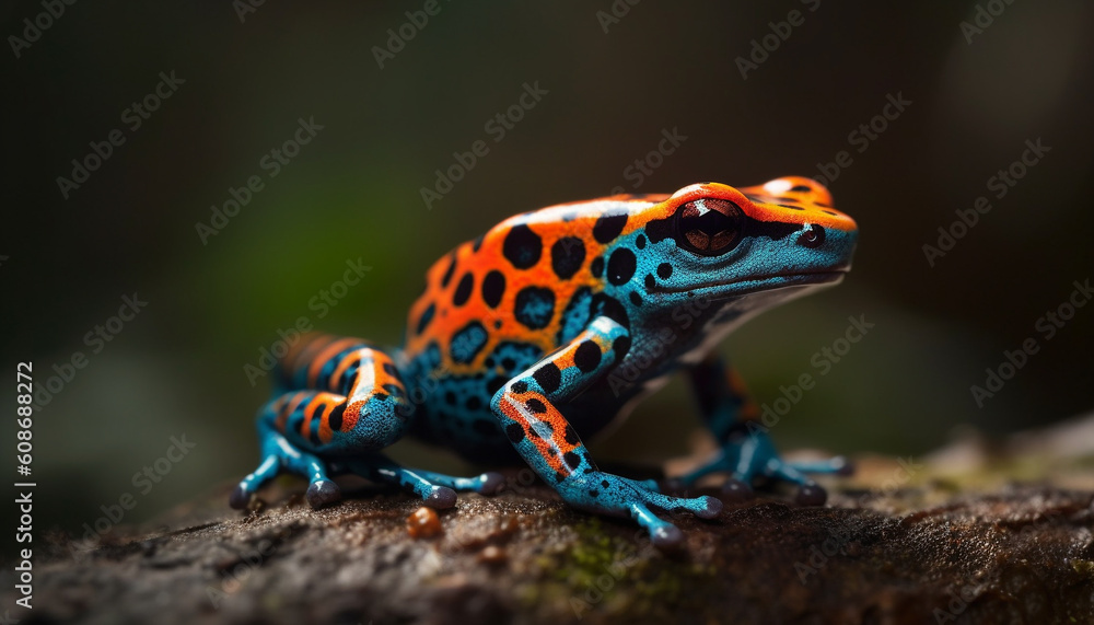 Blue poison arrow frog sitting on tree, looking away outdoors generated by AI
