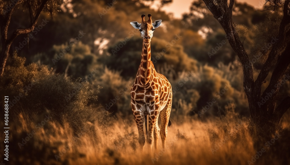 A majestic giraffe standing in the savannah, looking at camera generated by AI