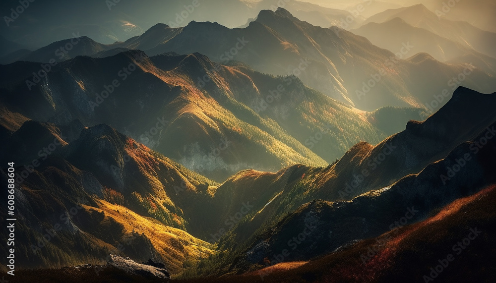 Majestic mountain peak at dawn, a tranquil scene of beauty generated by AI
