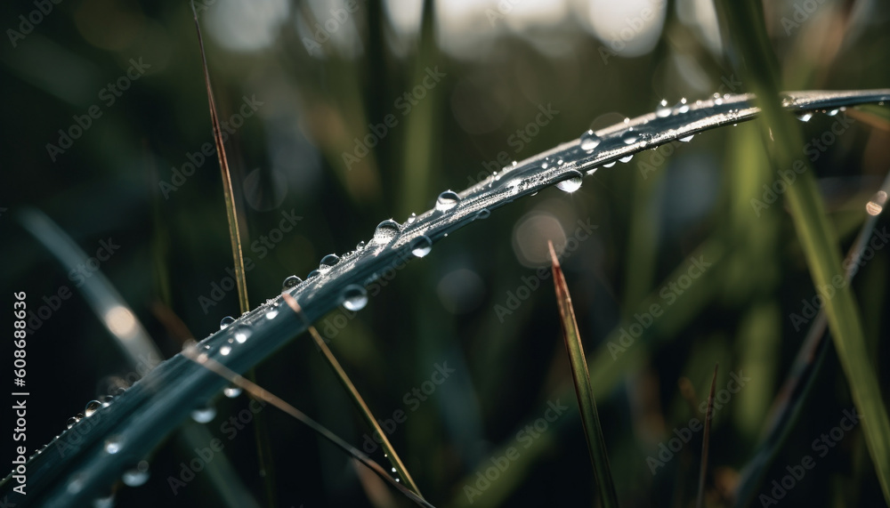 Fresh dew drops on vibrant green leaves in tranquil meadow generated by AI