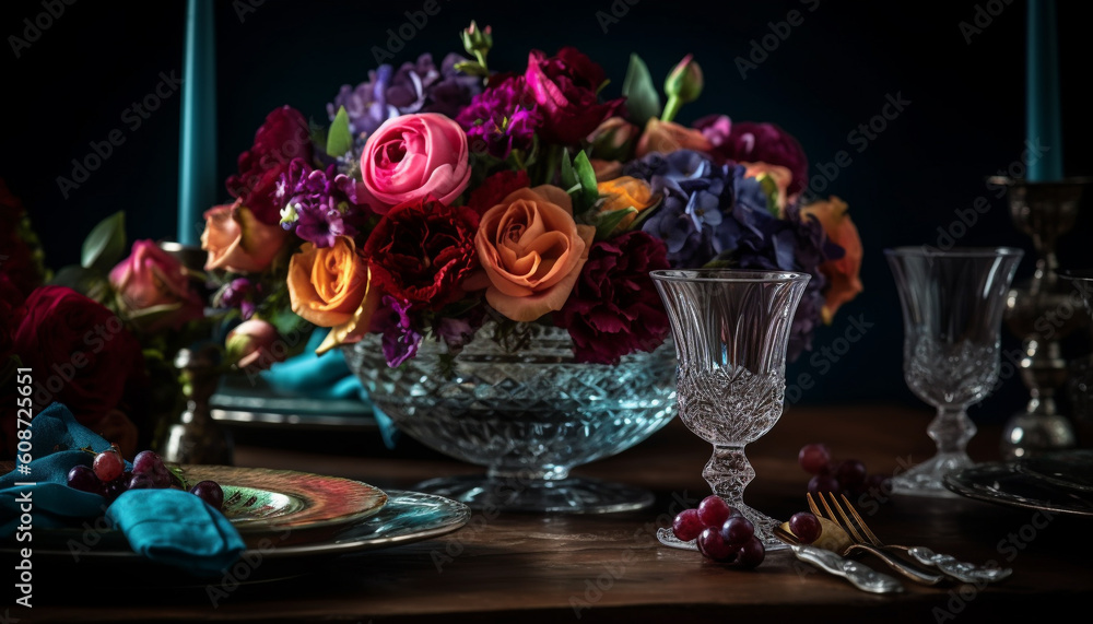 Elegant wedding celebration with luxurious flower bouquet and ornate silverware generated by AI