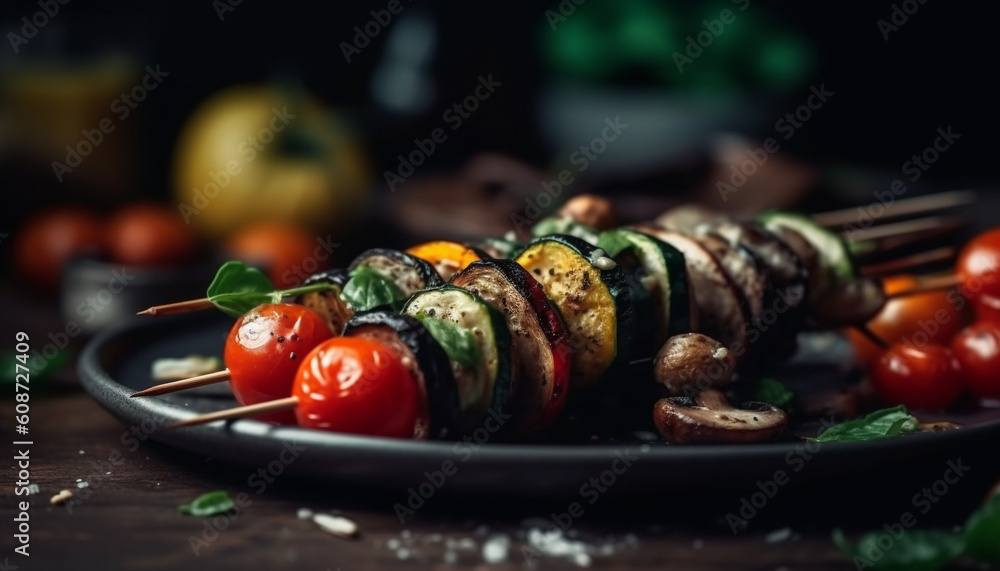 Grilled vegetarian skewers on a rustic picnic plate, ready to eat generated by AI