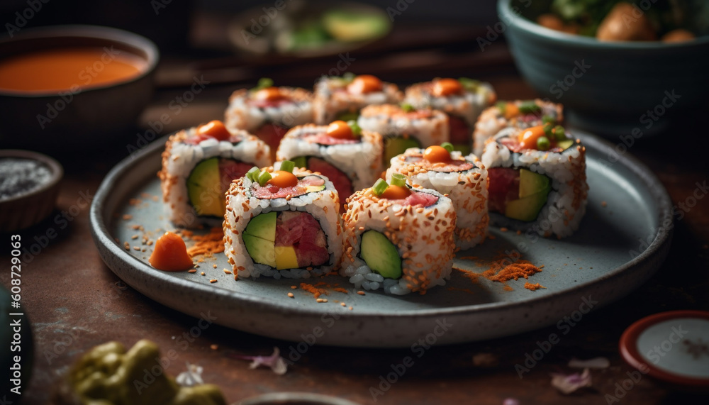 Healthy eating: Fresh seafood and avocado maki sushi appetizer plate generated by AI