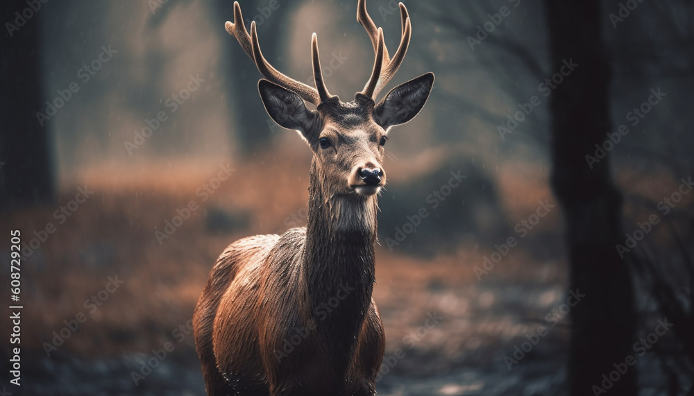 A majestic stag stands in the winter forest, looking regal generated by AI