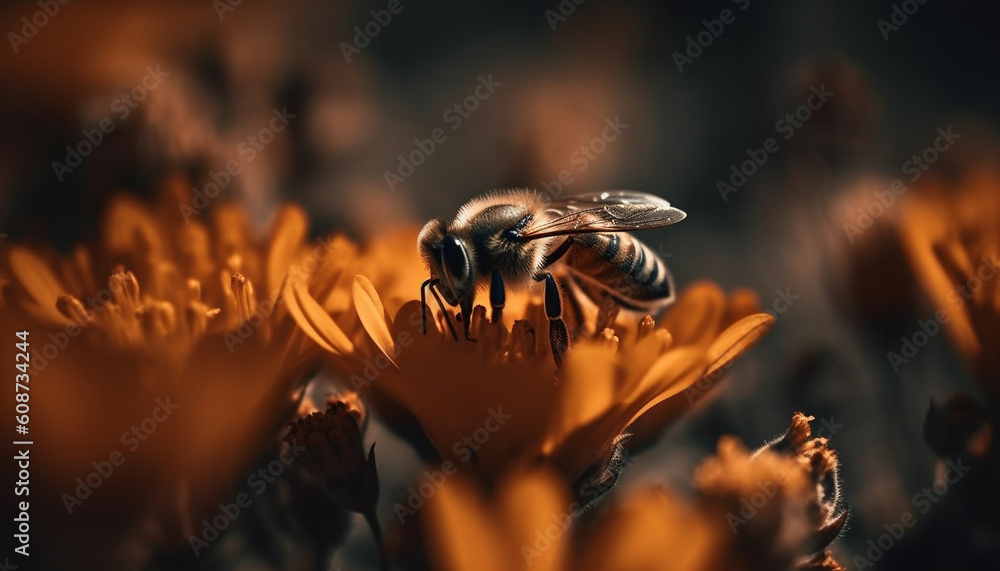 A bee collects pollen from a yellow flower in motion generated by AI