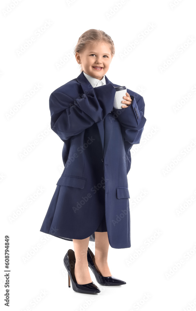 Funny little businesswoman in big jacket with cup of coffee on white background