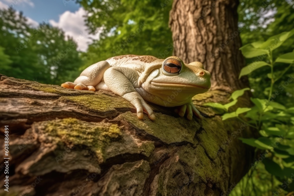 green frog perched on a tree branch in a natural setting Generative AI