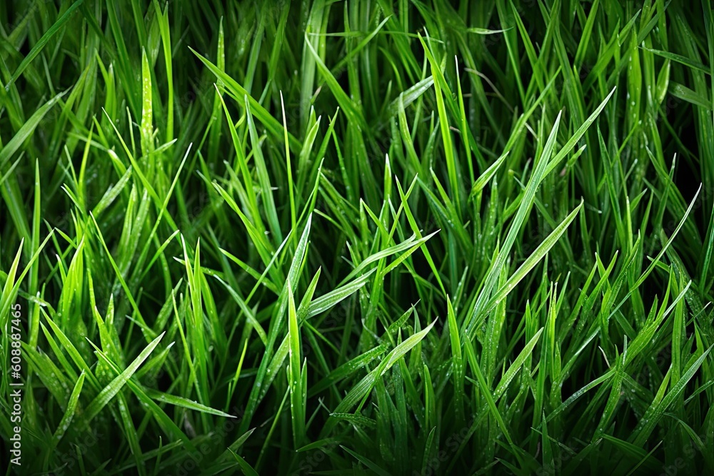 close-up view of a lush green grass field with dew drops Generative AI