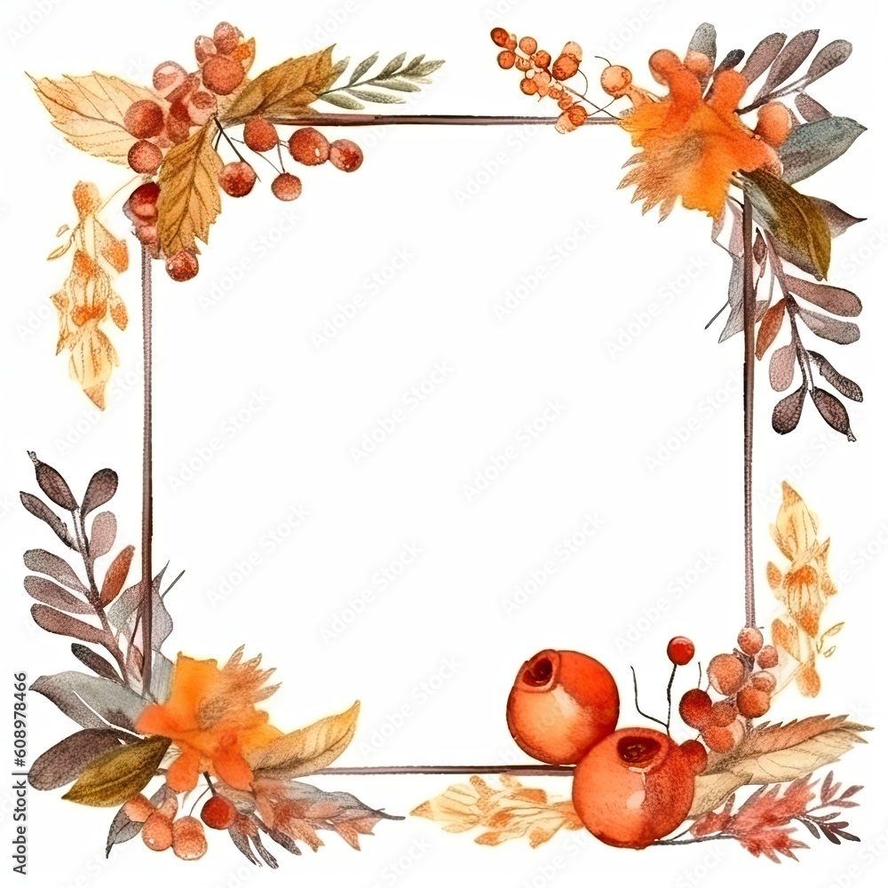 Watercolor Autumn Wreath Isolated. Illustration AI Generative.