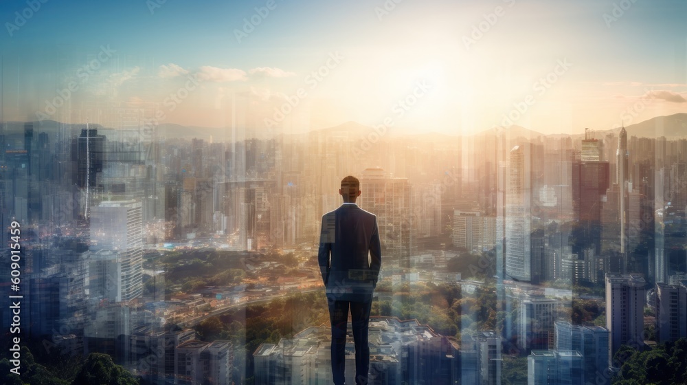 Business man standing back during sunrise overlay with cityscape Illustration AI Generative.