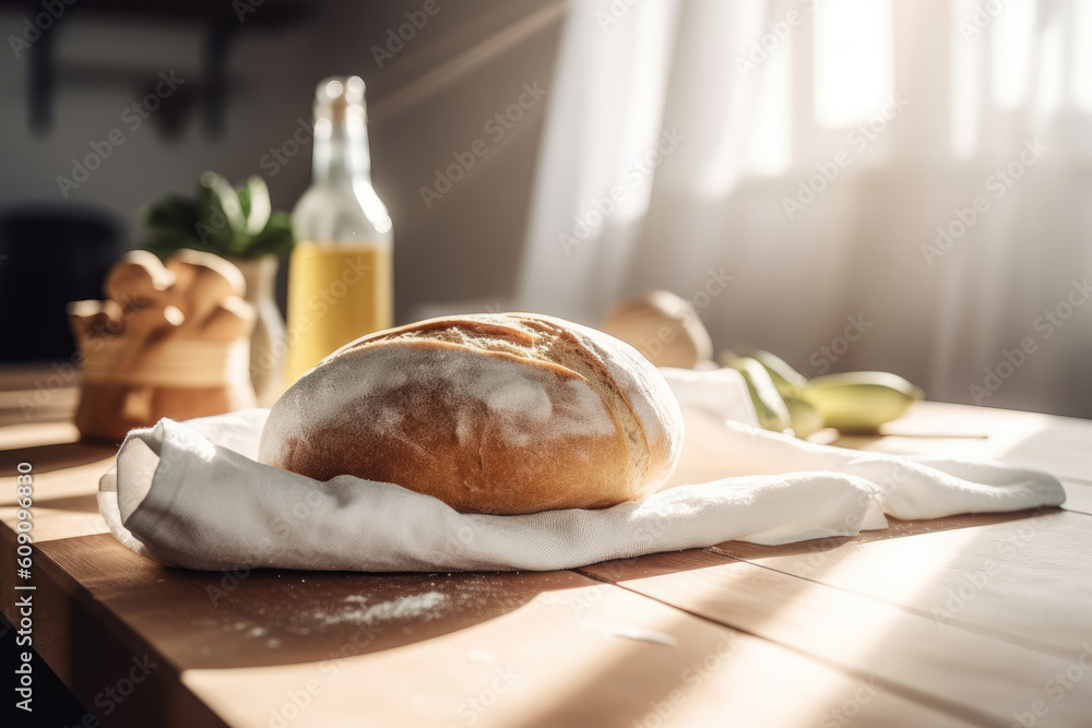 Freshly baked ciabatta bread on a white kitchen towel on a wooden table. Generative AI.