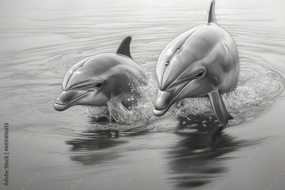 Dolphins drawing, dolphins pencil drawing vintage. Generative Ai.