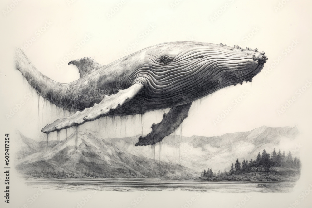 Whale drawing, Whale pencil drawing vintage. Generative Ai.