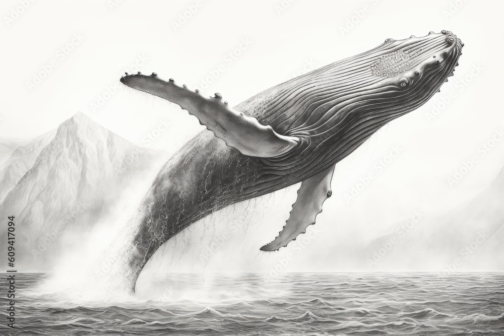Whale drawing, Whale pencil drawing vintage. Generative Ai.