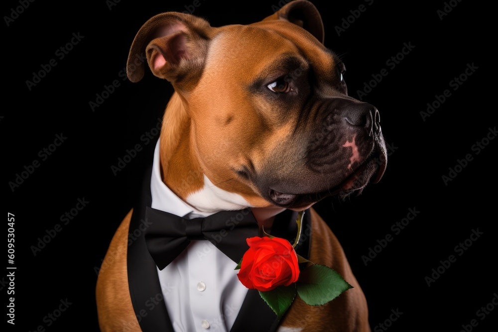 formal dog wearing a tuxedo and holding a red rose Generative AI