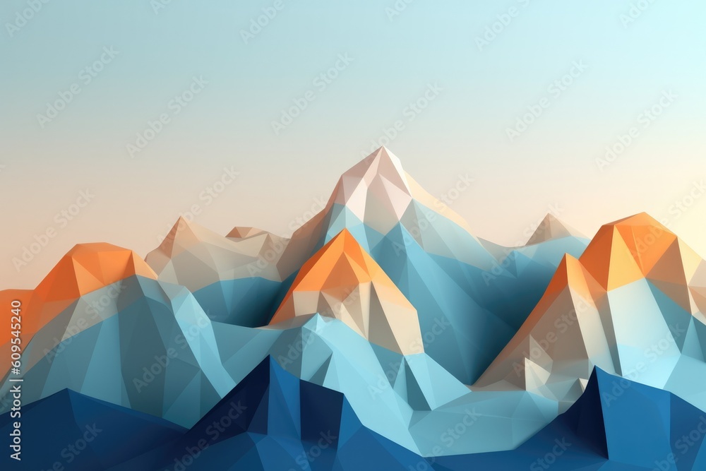 Beautiful wallpaper shades of blue and orange in the geometric blue mountains. Generative AI AIG27.