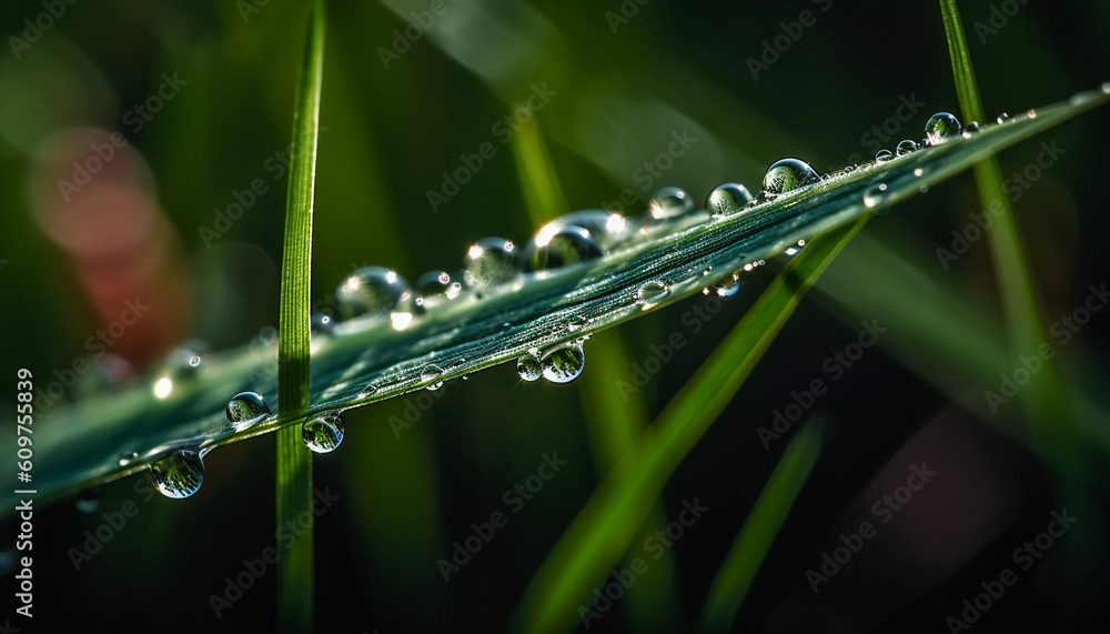 Vibrant green grass blade reflects dew drop in tranquil meadow generated by AI