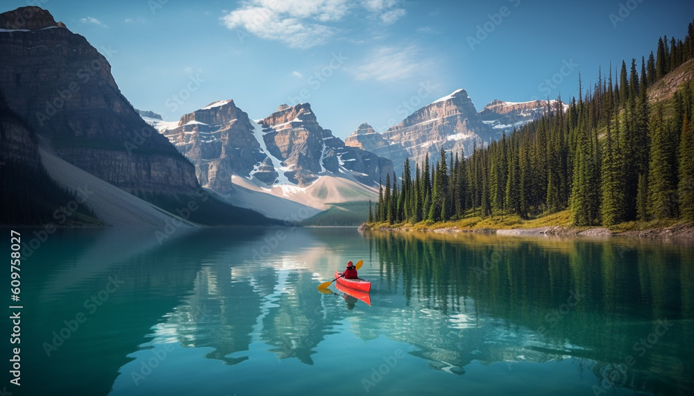 Men and women canoeing in tranquil Moraine Lake, Rocky Mountains generated by AI
