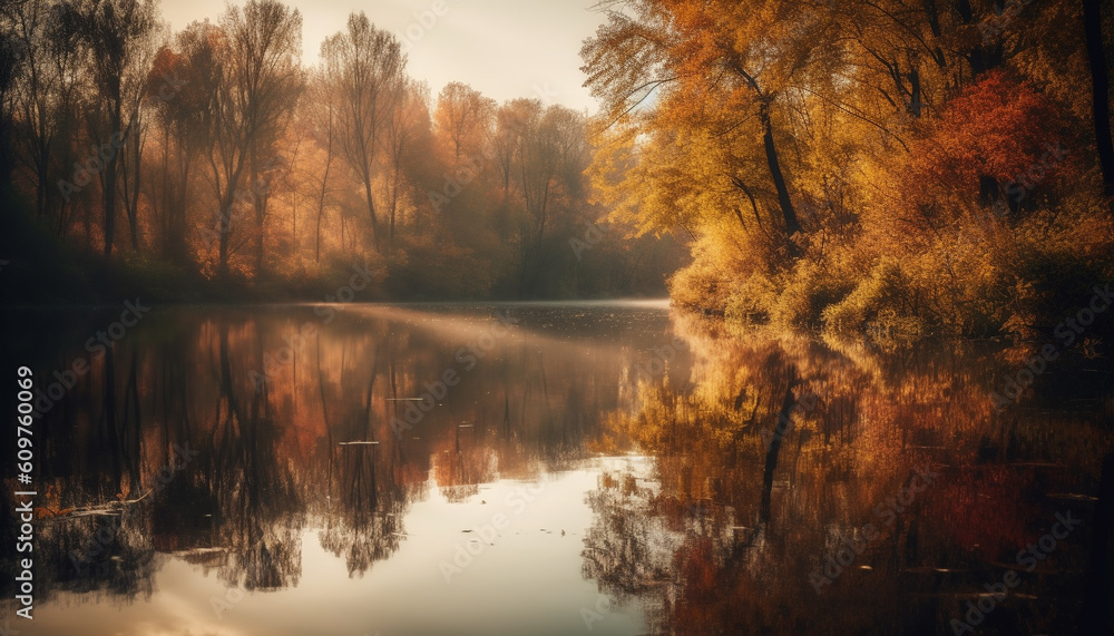 Idyllic autumn forest reflects vibrant multi colored sunset over tranquil pond generated by AI
