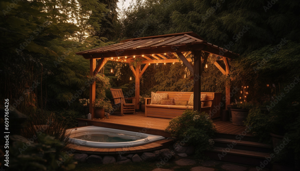Luxury outdoor relaxation in a tranquil, rustic, natural landscape design generated by AI