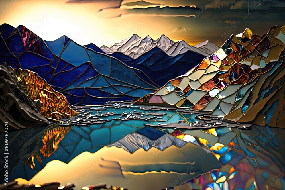 Landscape lakes and mountains made from carnival glass shard. Glorious Generative AI.
