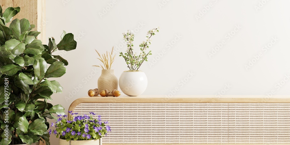 Wall mockup featuring a vase and a vibrant green plant, set against a backdrop of white walls and ca