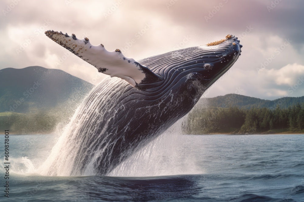 Humpback whale jumping out of the water. The whale is spraying water and ready to fall on its back. 