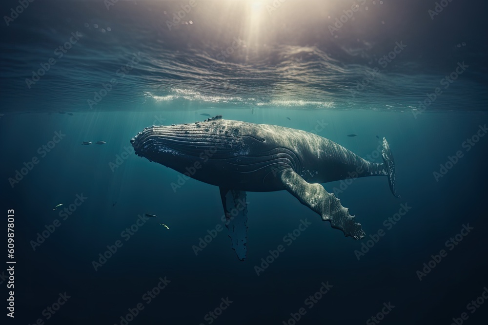Humpback Whale Plays Near the Surface in Blue Water. Humpback whale in pacific sea. Generative ai