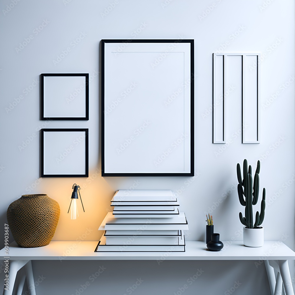 A white table topped with a stack of books next to a lamp