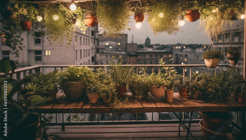 Summer balcony decor potted plants, lanterns, and colorful flowers illuminate generated by AI