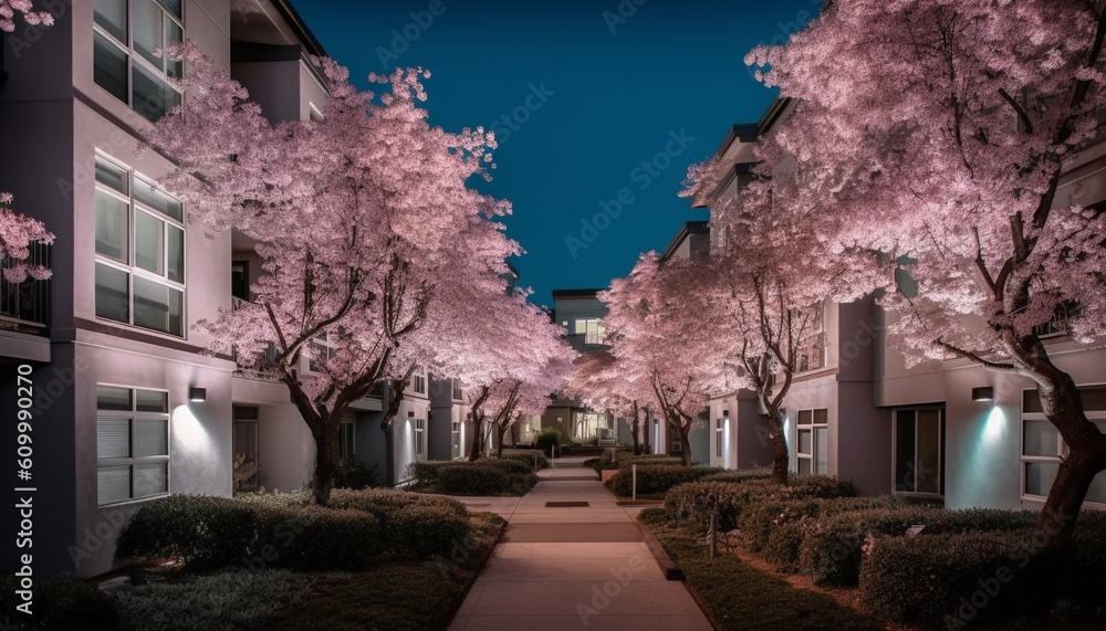 City life illuminates beauty in nature with cherry blossom tree generated by AI