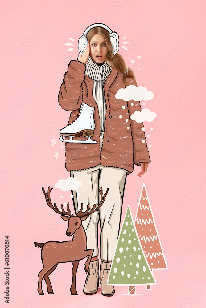 Surprised fashionable woman in drawn winter clothes, with deer and fir trees on pink background