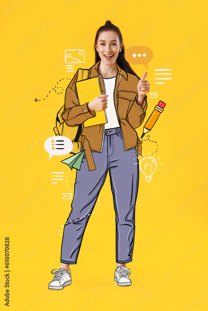 Beautiful female student in drawn clothes on yellow background