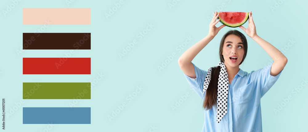 Beautiful young woman with slice of fresh watermelon on light blue background. Different color patte
