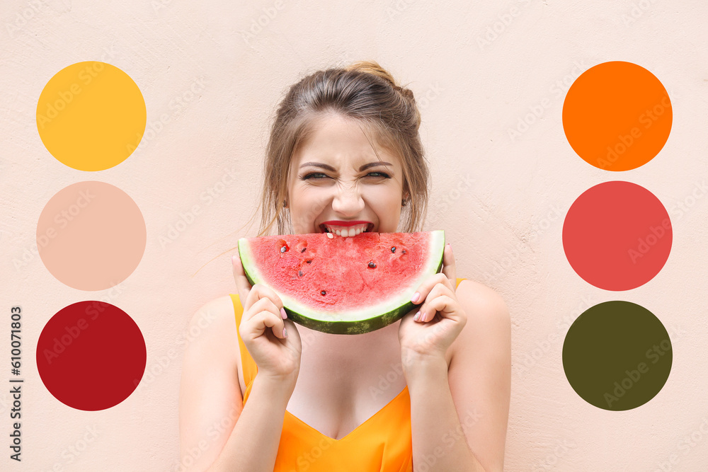 Beautiful young woman eating tasty watermelon on light background. Different color patterns