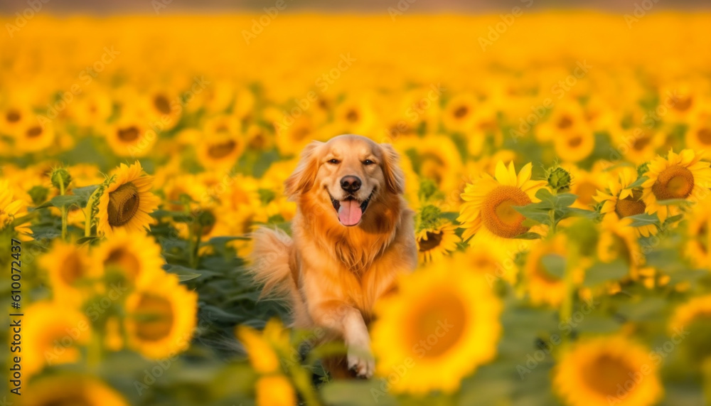 Golden retriever puppy playing in sunflower meadow, pure canine beauty generated by AI