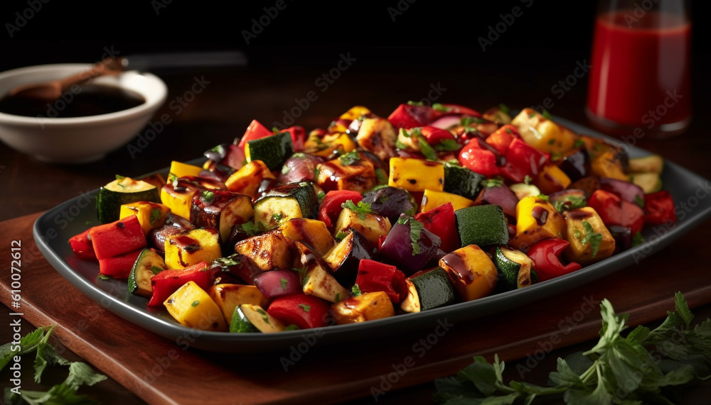 Grilled vegetarian meal on multi colored plate with yellow bell pepper generated by AI